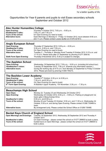 Opportunities for Year 6 parents and pupils to visit Essex secondary ...