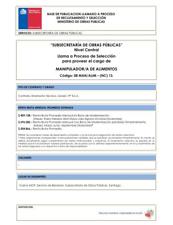 Manipulador de alimentos - Contrata - Tecnico - Grado 19 - MOP