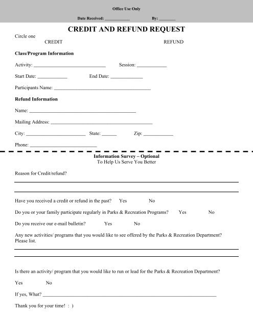 Refund or Credit Request Form - City of Sandpoint