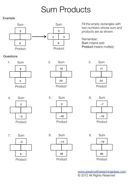 Sum Products Great Maths Teaching Ideas