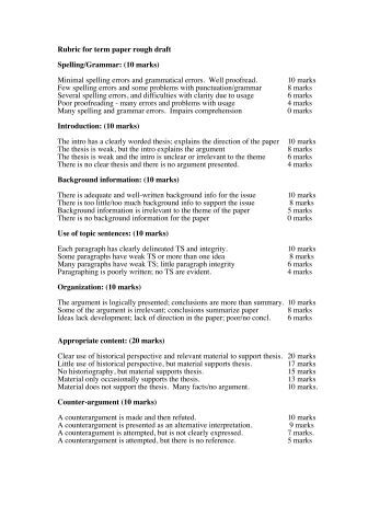 term paper evaluation rubric Term paper scoring rubric, element 1 paper is 4-5 pgs in length, typed and stapled 2 sentences are not awkward 3 spelling is perfect 4. term paper evaluation rubric Term paper scoring rubric, element 1 paper is 4-5 pgs in length, typed and stapled 2 sentences are not awkward 3 spelling is perfect 4.