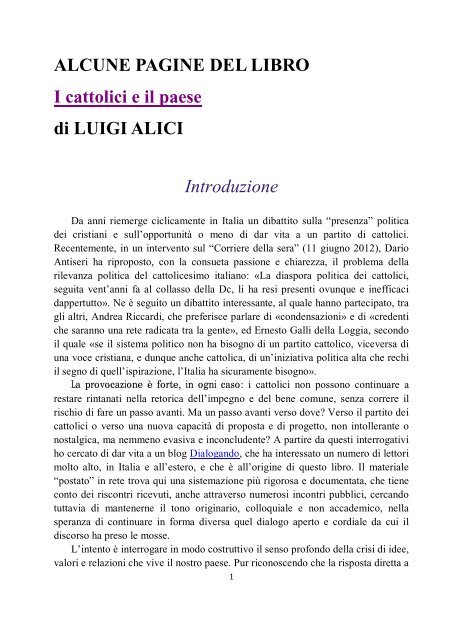 ALCUNE PAGINE DEL LIBRO I cattolici e il paese di LUIGI ALICI ...