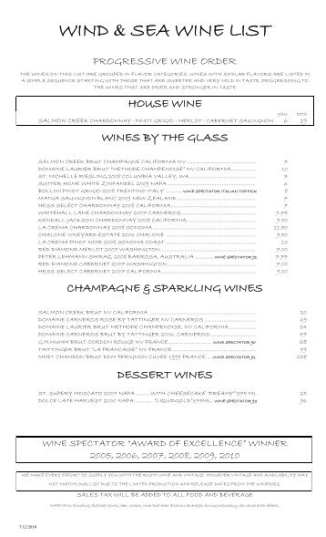 WIND AND SEA WINE LIST - Wind & Sea Restaurant