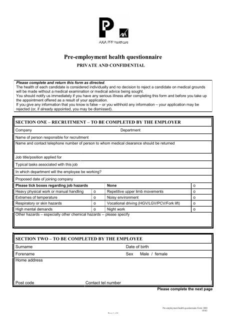 Pre-employment health questionnaire