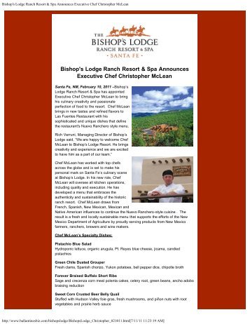 Bishop's Announces Executive Chef Christopher ... - Bishop's Lodge