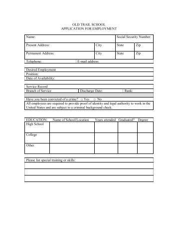 Staff Employment Application Form - Old Trail School