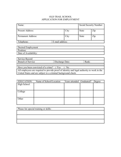 Staff Employment Application Form - Old Trail School