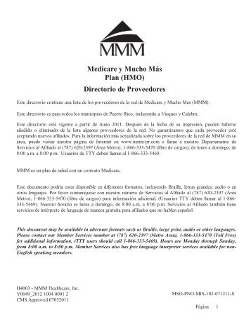 Medicare y Mucho MÃ¡s Plan (HMO) Directorio de Proveedores - MMM