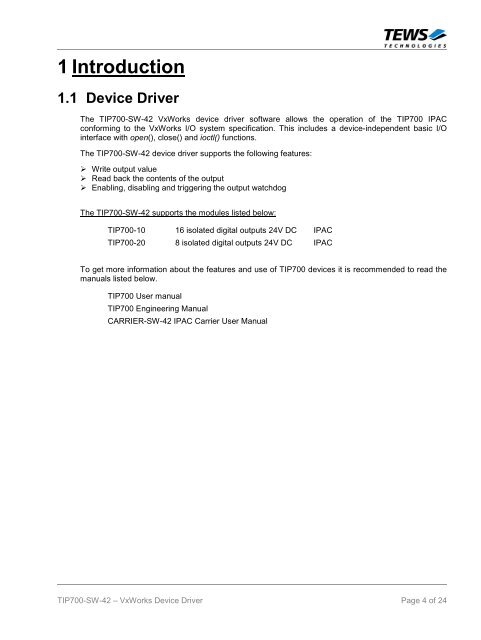 The Embedded I/O Company TIP700-SW-42 VxWorks Device Driver