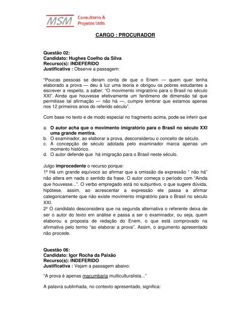 Resposta a recursos de gabaritos - MSM Consultoria