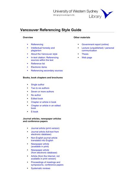 Vancouver Referencing Style Guide - UWS Library - University of ...