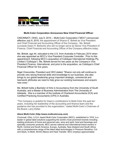 Multi-Color Corporation Announces New Chief Financial Officer ...