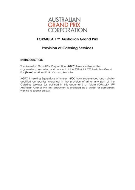 FORMULA 1™ Australian Grand Prix Provision of Catering Services