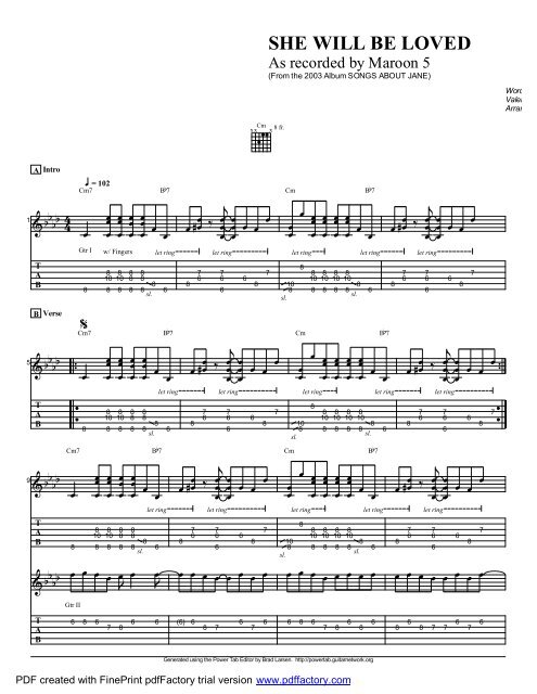 Complete Transcription To &quot;She Will Be Loved&quot; (PDF) - Guitar  Alliance