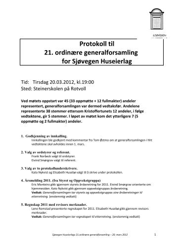 Protokoll til 21. ordinære generalforsamling for Sjøvegen Huseierlag