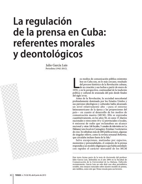 La regulaciÃ³n de la prensa en Cuba: referentes morales y ... - Temas