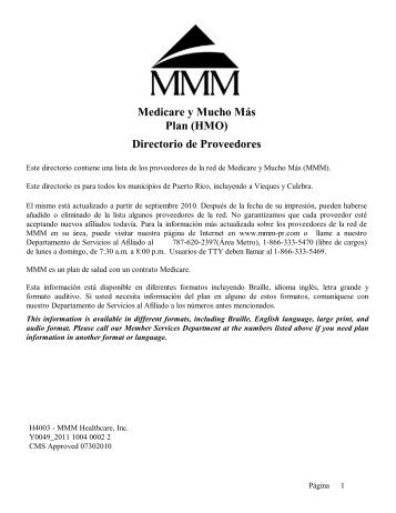 Medicare y Mucho MÃ¡s Plan (HMO) Directorio de Proveedores - MMM