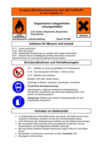 Gruppen-Betriebsanweisung nach Â§20 GefStoffV ... - Lederpedia