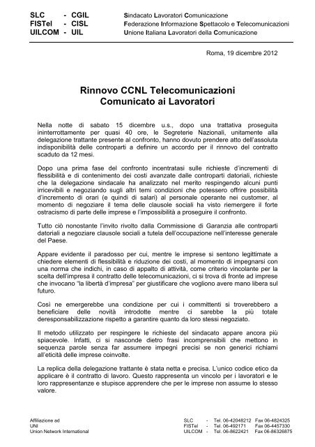 comunicato unitario rinnovo CCNL Telecomunicazioni - Uil Com