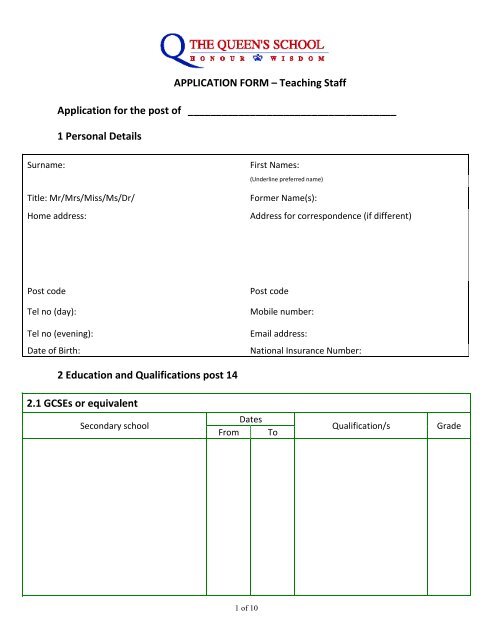 APPLICATION FORM â Teaching Staff Application for the post of 1 ...