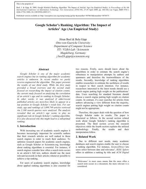 Google Scholar S Ranking Algorithm The Impact Of Sciplore