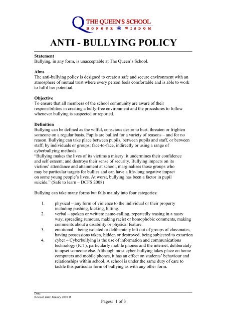 ANTI - BULLYING POLICY - The Queen's School