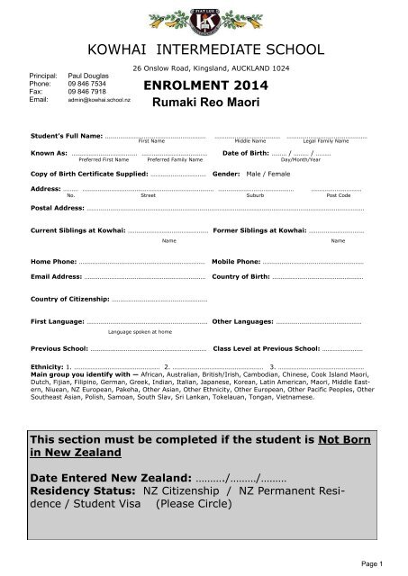 2014 Rumaki Enrolment Form - Kowhai Intermediate School