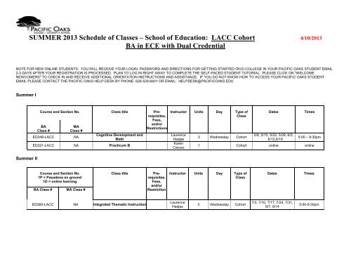 SUMMER 2013 Schedule of Classes â School of Education: LACC ...