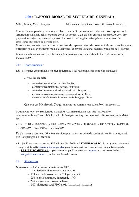 2.00 : RAPPORT MORAL DU SECRETAIRE GENERAL : - aaspp91