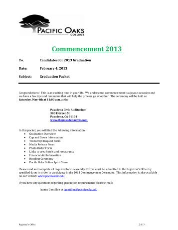 Pasadena Commencement Information Packet - Pacific Oaks College