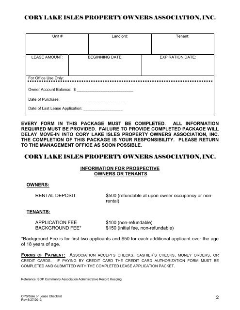 Rental Application - cory lake isles