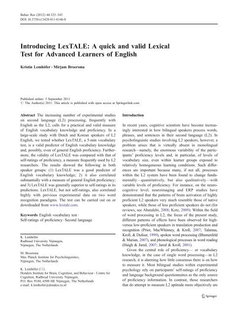 Introducing LexTALE: A quick and valid Lexical Test for ... - PubMan