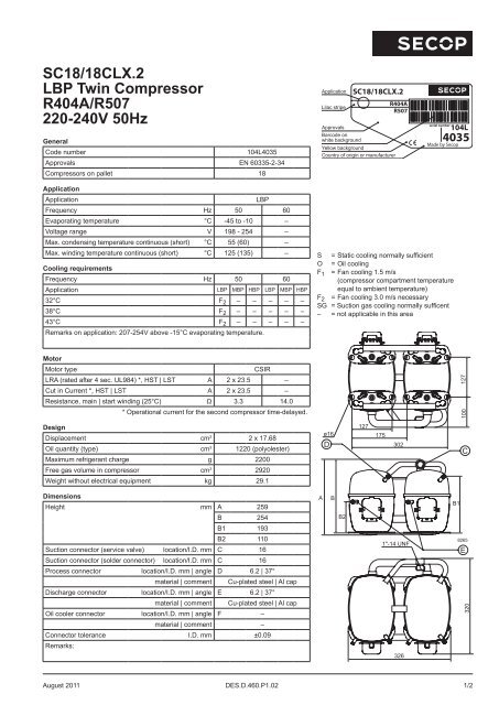 SC18/18CLX.2 LBP Twin Compressor R404A/R507 220 ... - Secop