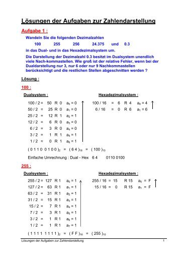 LÃ¶sungen der Aufgaben zur Zahlendarstellung