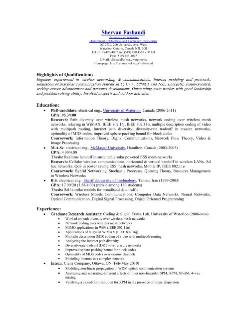 Professional CV [pdf] - CST - University of Waterloo