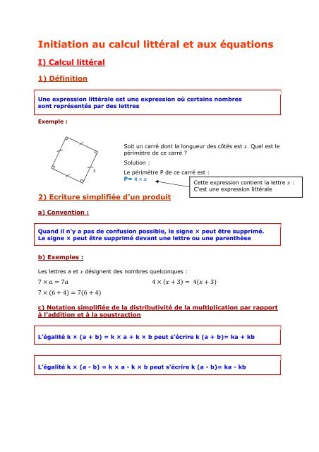 5e - Initiation au calcul littÃ©ral et aux Ã©quations - Parfenoff . org