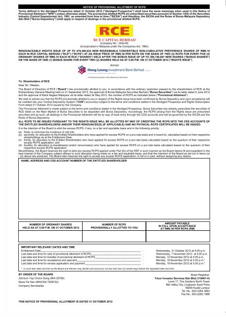 NUMBER OF RCPS PROVISIONALLY ALLOTTED TO ... - ChartNexus