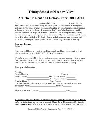 Trinity School at Meadow View Athletic Consent and Release Form ...
