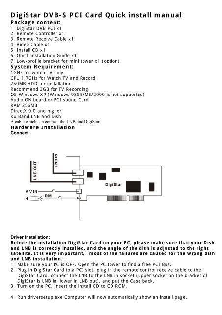 DigiStar DVB-S PCI Card Quick install manual - MyGica