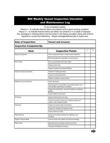 RHI Weekly Vessel Inspection Checklist and Maintenance Log