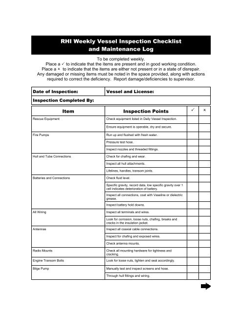 Rhi Weekly Vessel Inspection Checklist And Maintenance Log