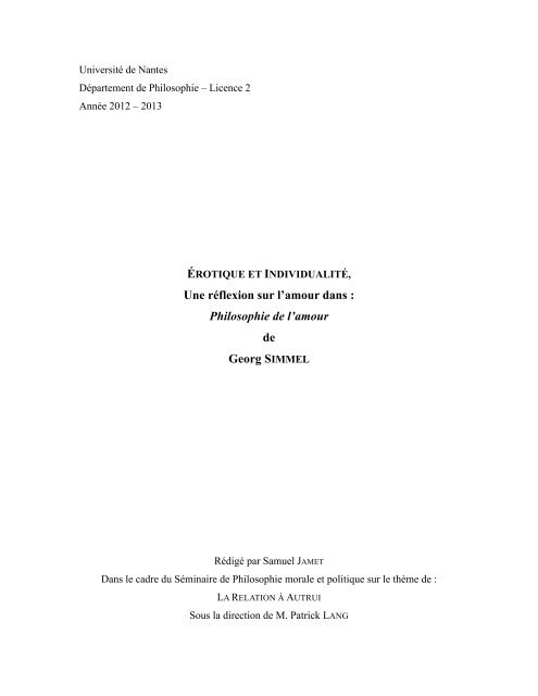 Philosophie De L Amour De Georg Simmel Ifac Universita C De