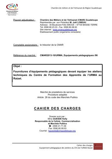 Cahier des charges Equipements pÃ©dagogiques des ateliers - la cmar