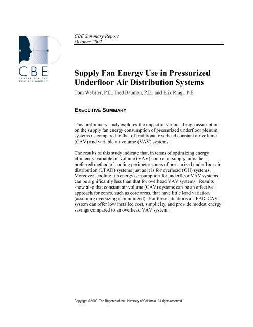 Supply Fan Energy Use in Pressurized Underfloor Air Distribution ...