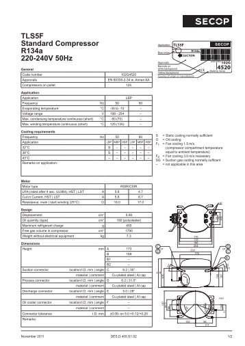 TLS5F Standard Compressor R134a 220-240V 50Hz - Secop