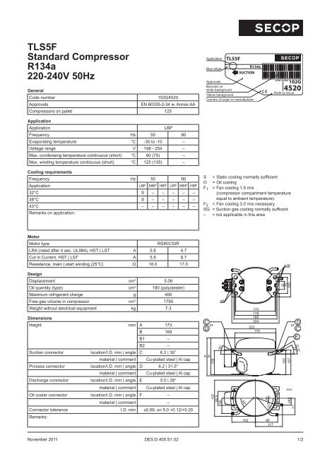 TLS5F Standard Compressor R134a 220-240V 50Hz - Secop