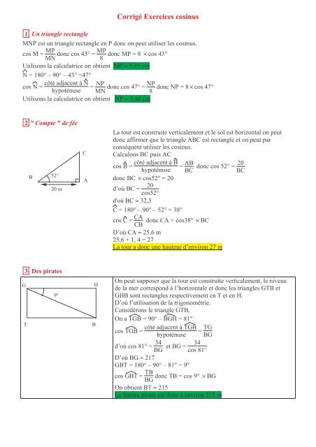 EXERCICES COSINUS 1 Un triangle rectangle MNP est un triangle ...