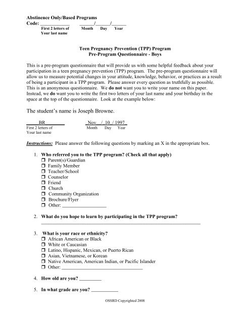 Abstinence Only/Based Programs: Pre-Program Questionnaire - Boys