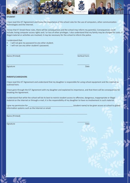 Application form and tuition agreement - Napier Girls' High School