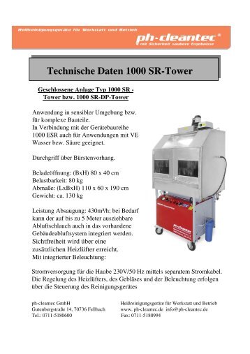 Technische Daten 1000 SR-Tower Geschlossene ... -  ph-cleantec